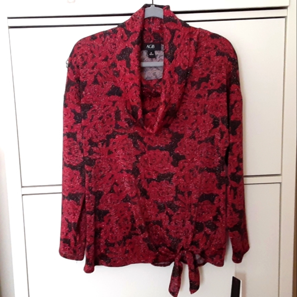 AGB Red Floral Tie Front Blouse with Long Sleeves